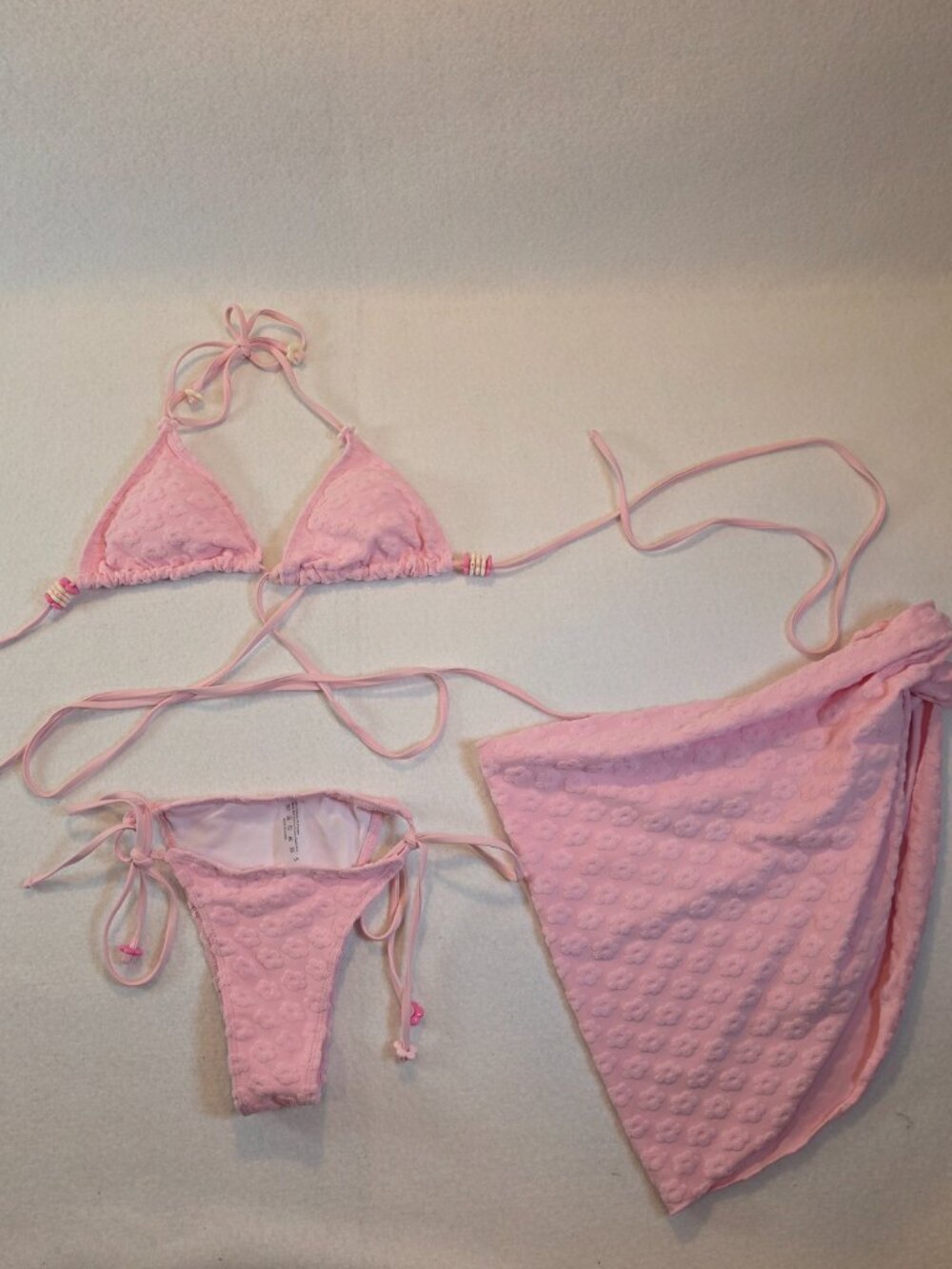 Pink Towel Terry Flower Beaded Halter Bikini & Sarong Wrap Skirt Set Size S